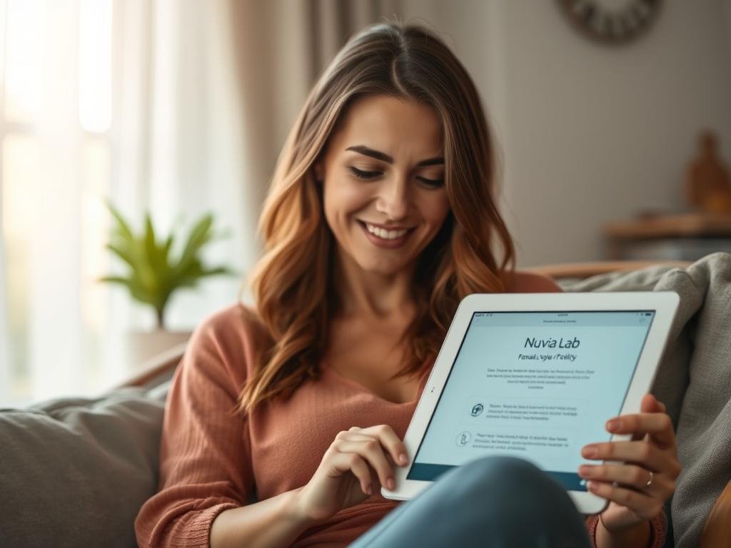 Woman reviewing NuviaLab Female Fertility information on tablet