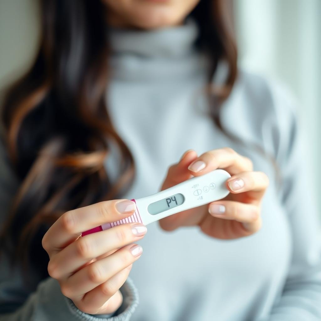 Happy woman holding positive pregnancy test