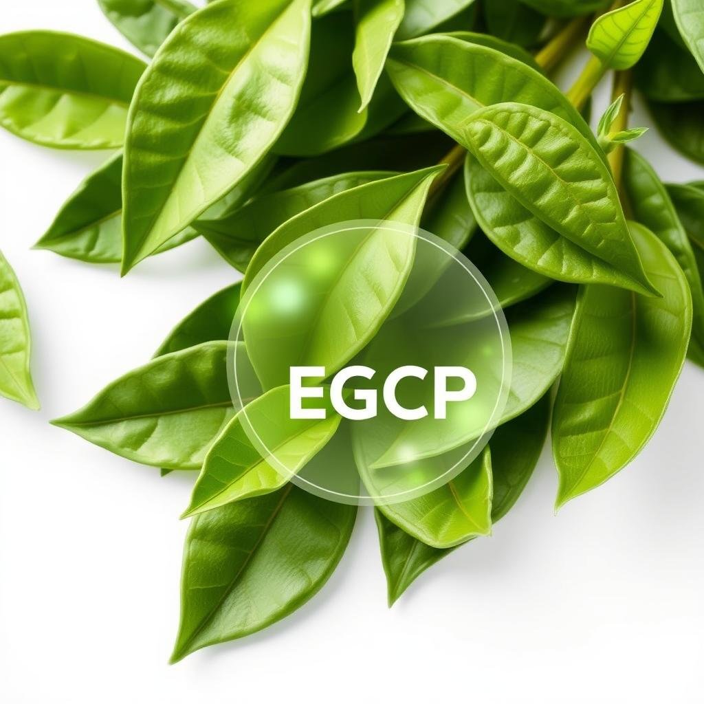 Green tea leaves with EGCG compound highlighted