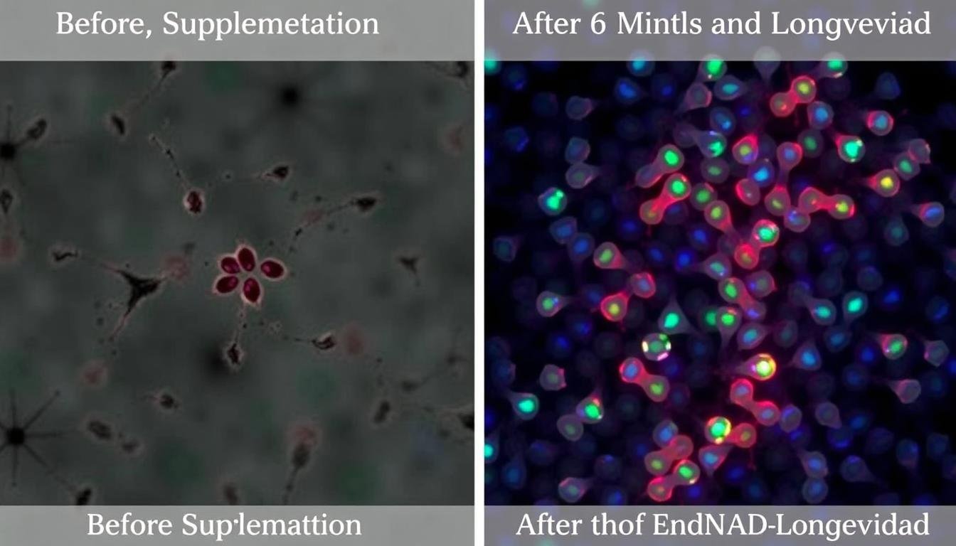Microscope image comparing mitochondrial density before and after EnduNAD-Longevidad supplementation
