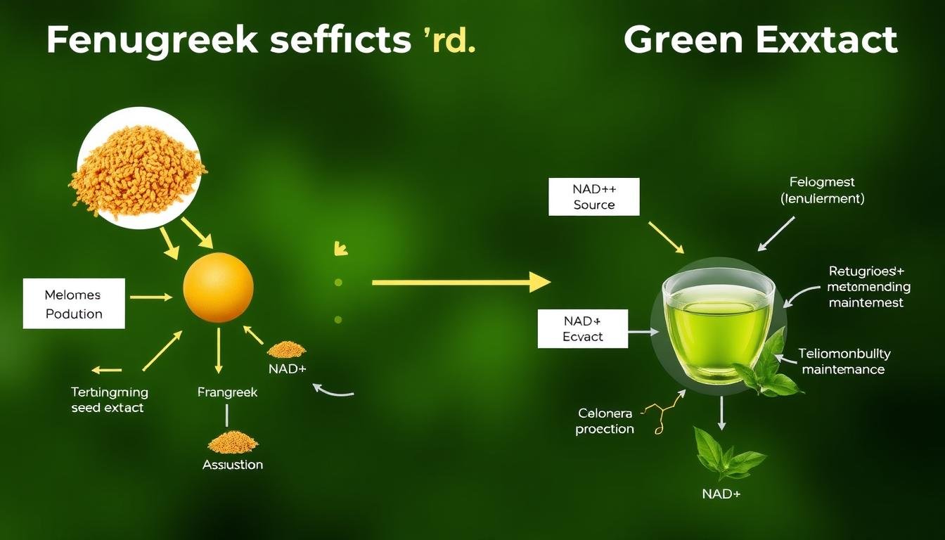 Diagram showing synergistic effects between fenugreek and green tea extract in EnduNAD-Longevidad