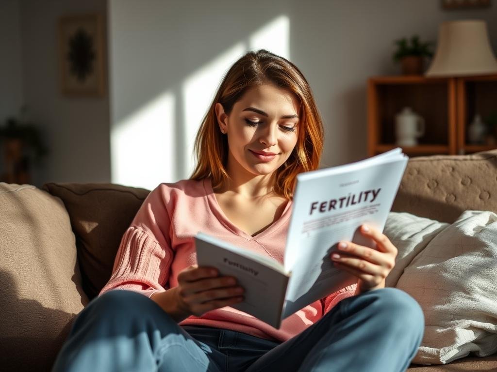 Woman looking relaxed and confident while reading about fertility
